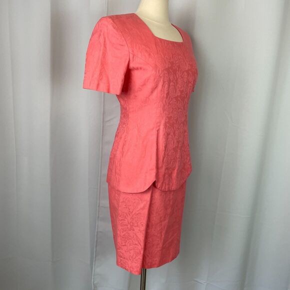 Vintage 80s Dress Size 8 Pink Coral Drop Waist Minimal Secretary Cocktail Retro - Picture 4 of 16